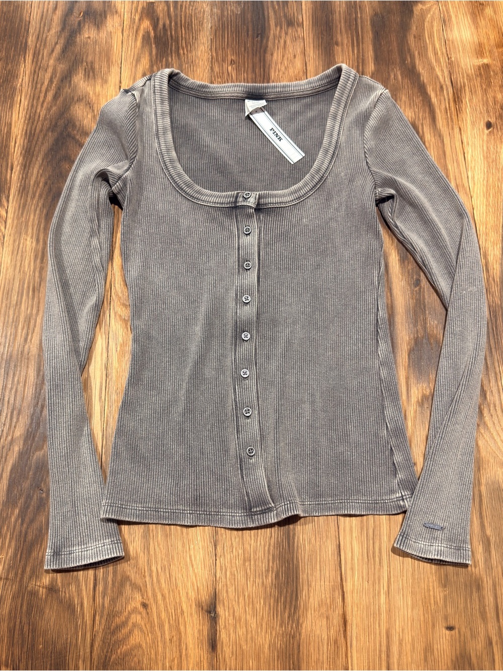 PINK Victoria's Secret Ribbed Button-Front Long Sleeve Top - Taupe
